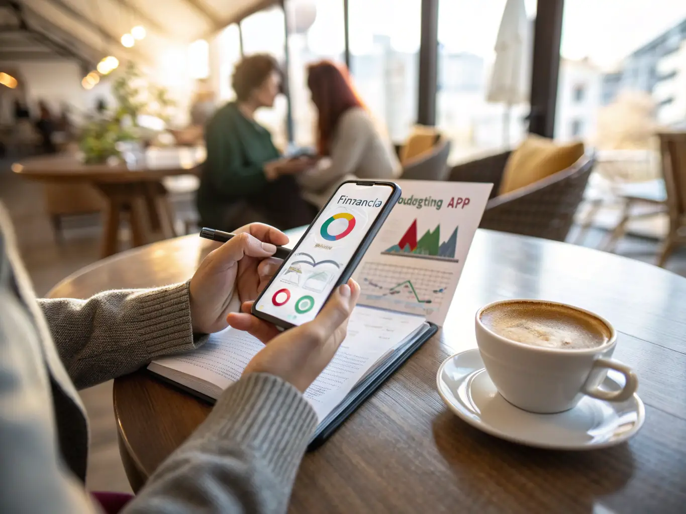 An image of a person using a budgeting app on a smartphone, with financial graphs displayed, illustrating budgeting advice.