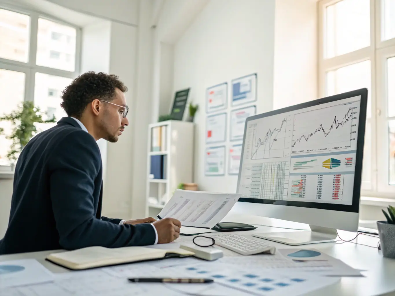 An image of a financial analyst presenting investment charts on a digital screen to a client in a modern office, representing investment insights.