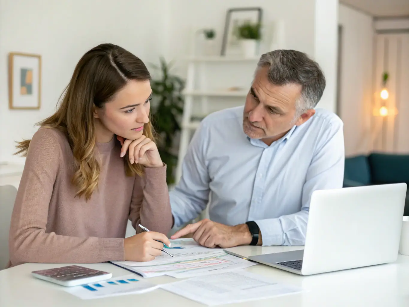 An image of a financial advisor reviewing tax documents with a client, with charts and calculators on the table, symbolizing tax planning services.