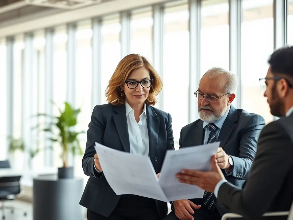 A professional financial advisor reviewing tax documents with a client in a modern office setting, emphasizing trust and expertise.